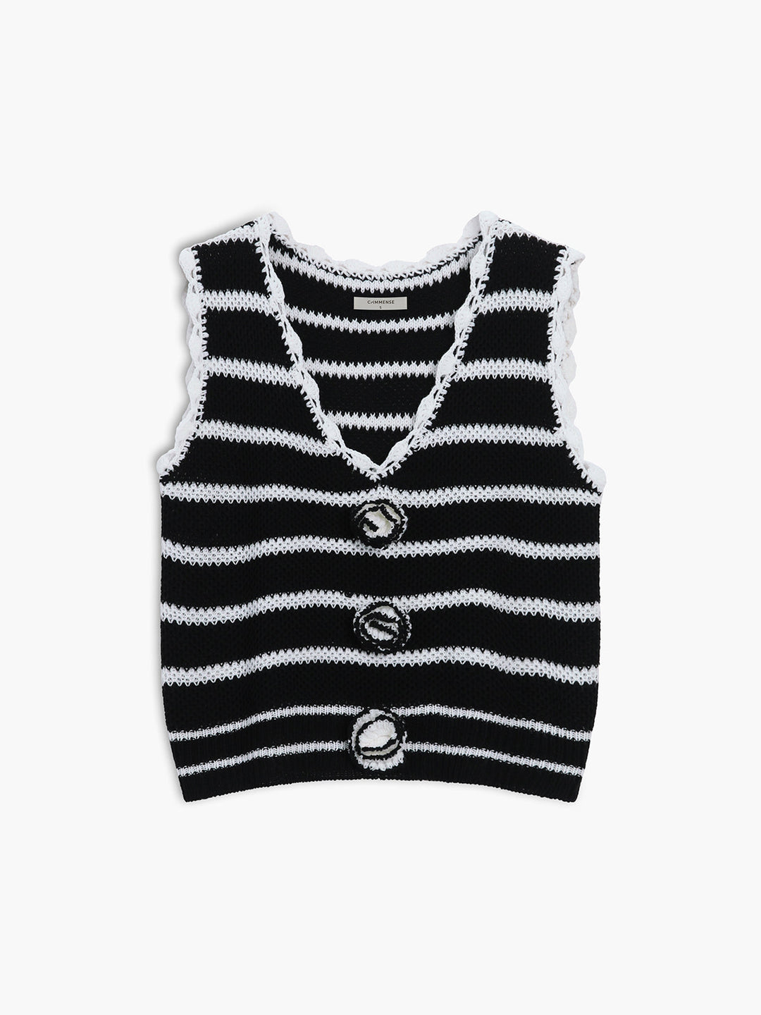 Siyah Beyaz Çizgili Düğmeli Kazak Yelek, Svelte Chic