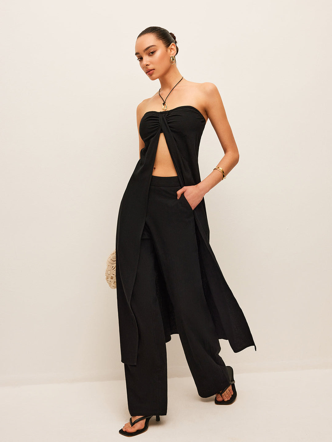 Şık pamuk ve keten bağlamalı üst ve pantolon takımı