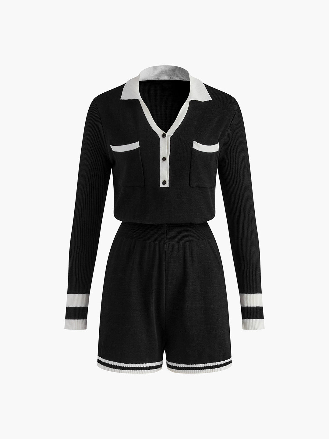 Svelte Chic Kontrast Biye V Yaka Örgü Tulum