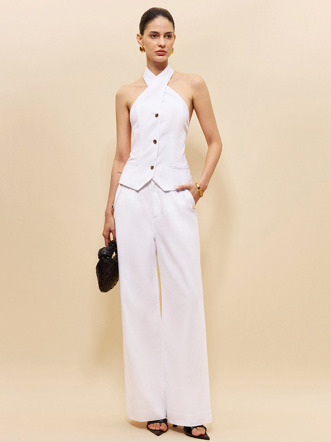 Svelte Chic şık orta bel keten ve pamuk pantolon