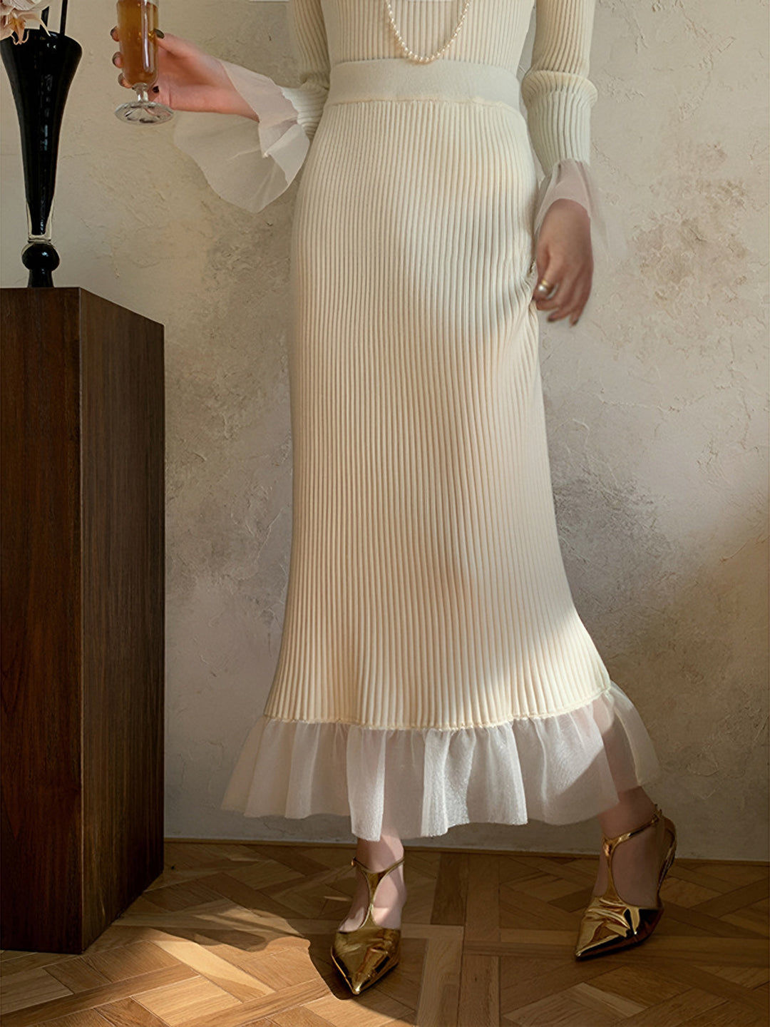 Ek Yeri Dantel Örme Kazak Maxi Etek, Svelte Chic