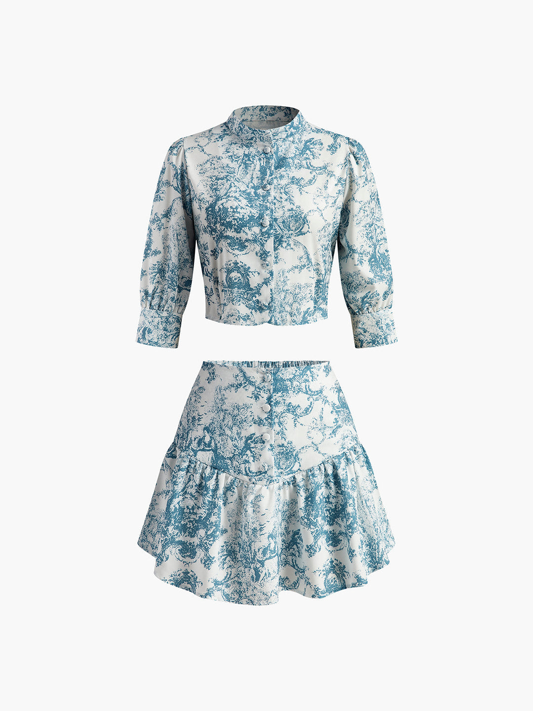 Vintage Baskılı Dik Yaka Etek Takımı - Svelte Chic