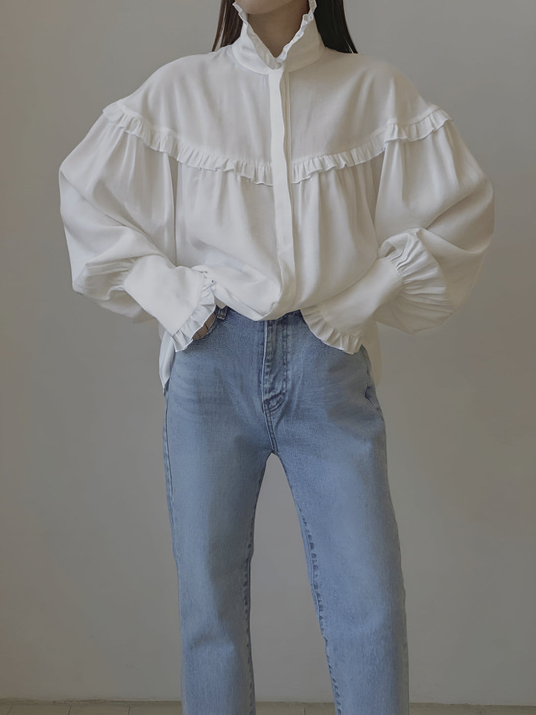 Yaka Marul Kenar Detaylı Fener Kol Gömlek, Svelte Chic