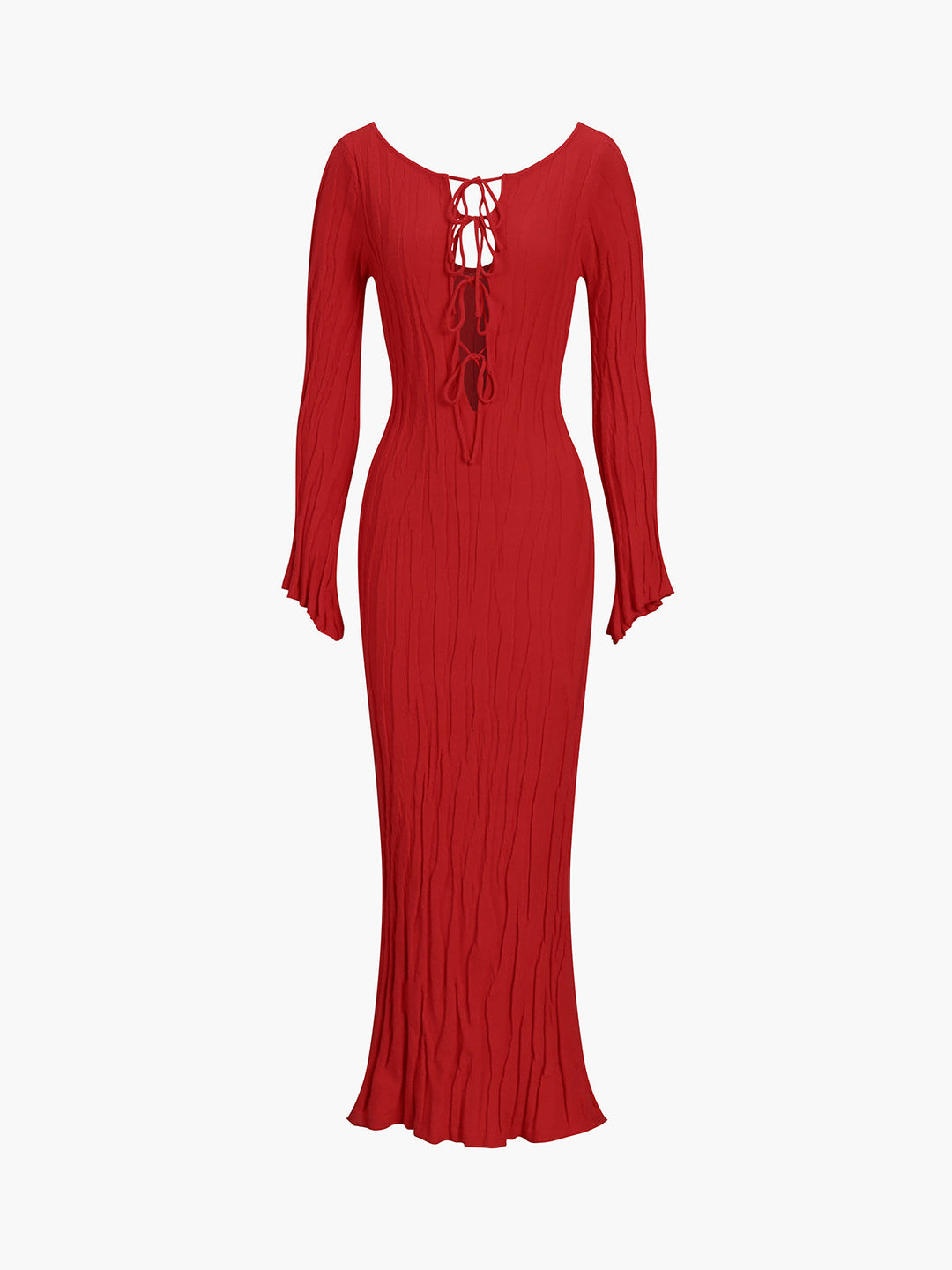 Önden bağlamalı sırtı açık bağcıklı kazak uzun elbise