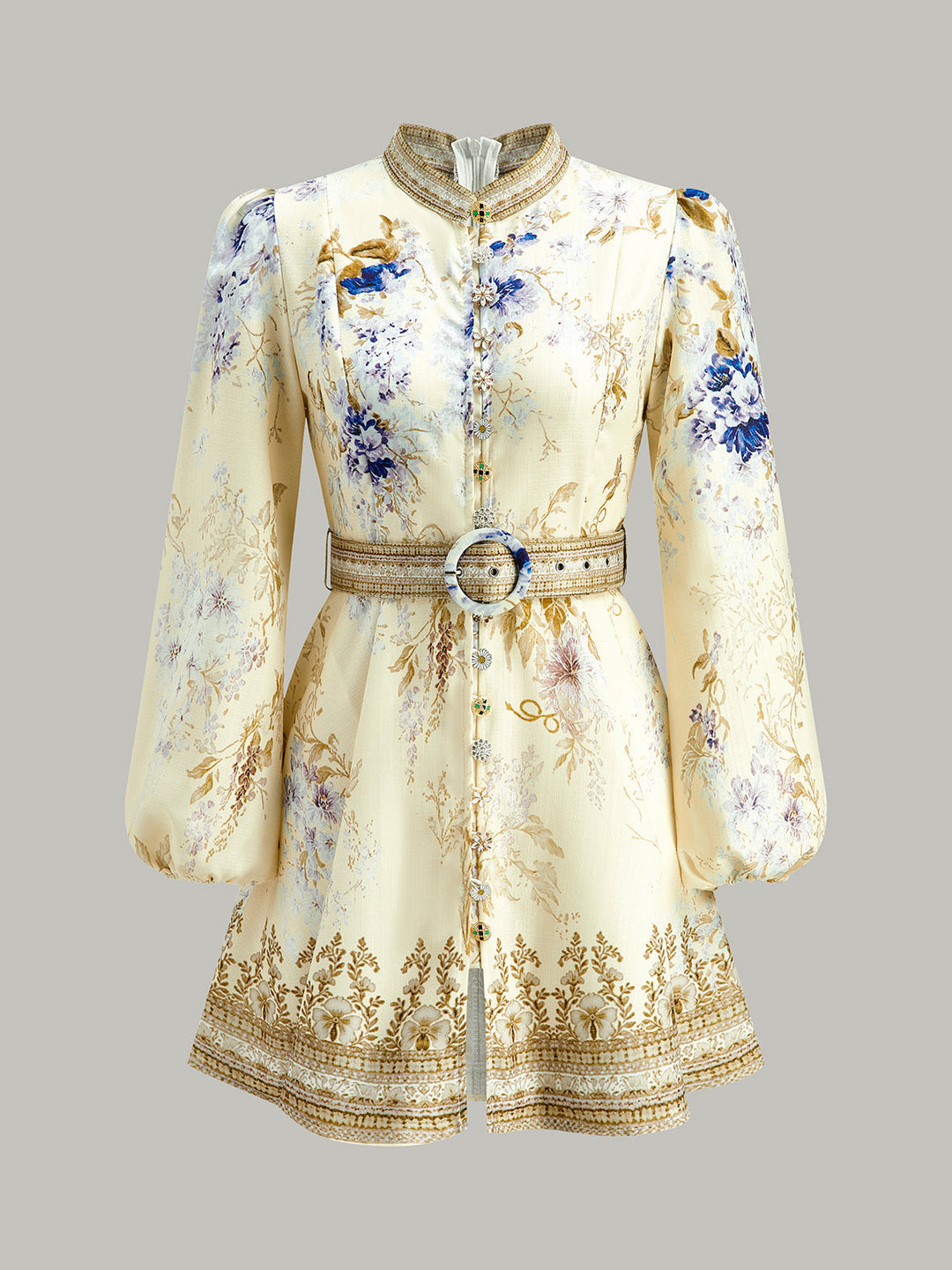 Çiçek desenli puf kollu elbise ve kemer