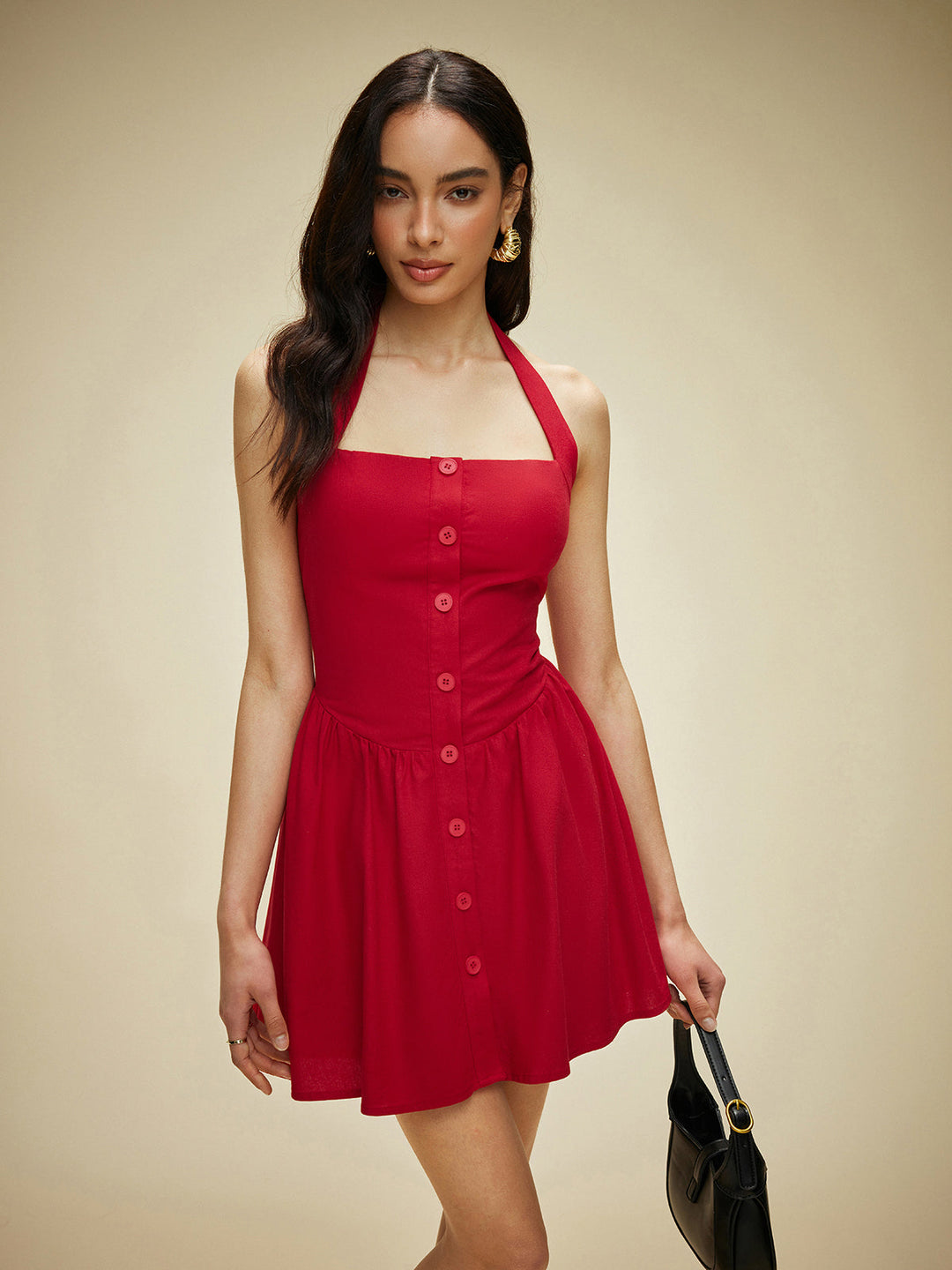 Şık Pamuk ve Keten Halter Yaka Düğmeli Elbise