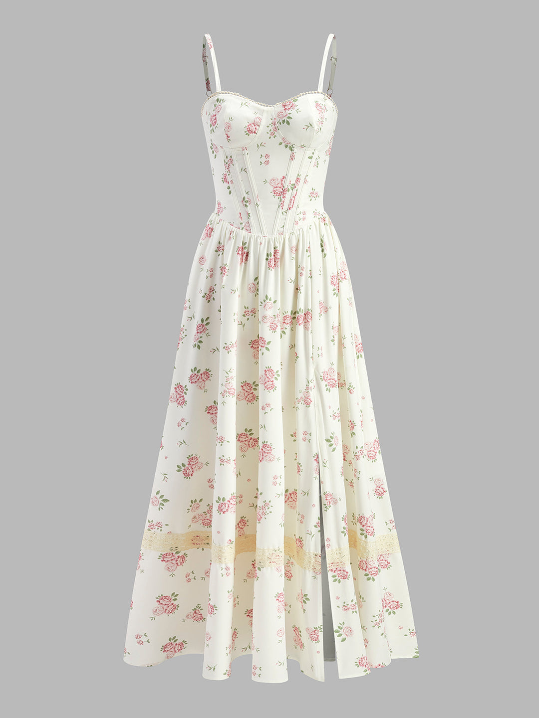 Şık Kalp Yaka Dantel Detaylı Çiçekli Elbise