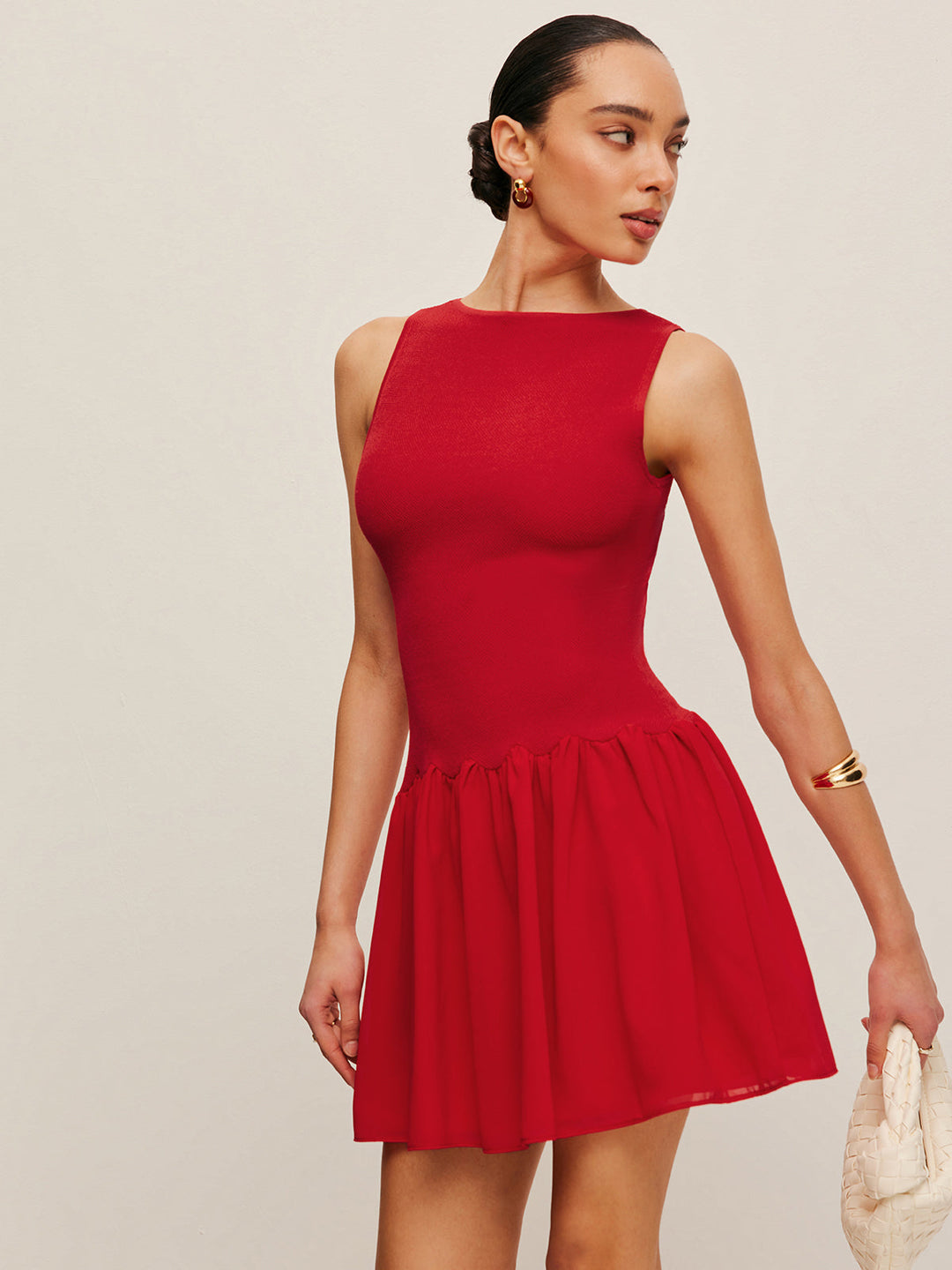 Şık Kolsuz Triko ve Şifon Elbise