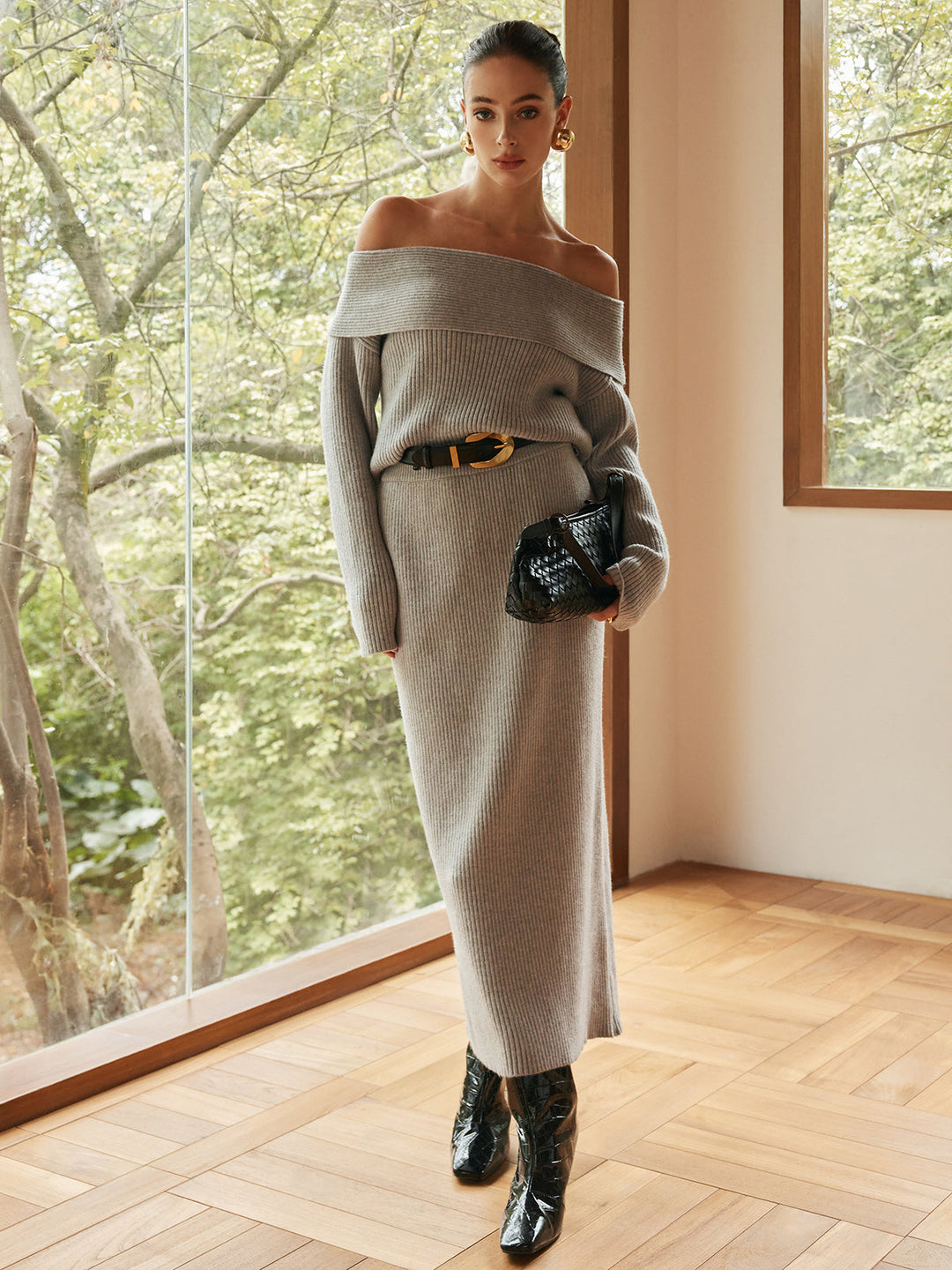 Ribana Desenli Off-Shoulder Kazak Takımı