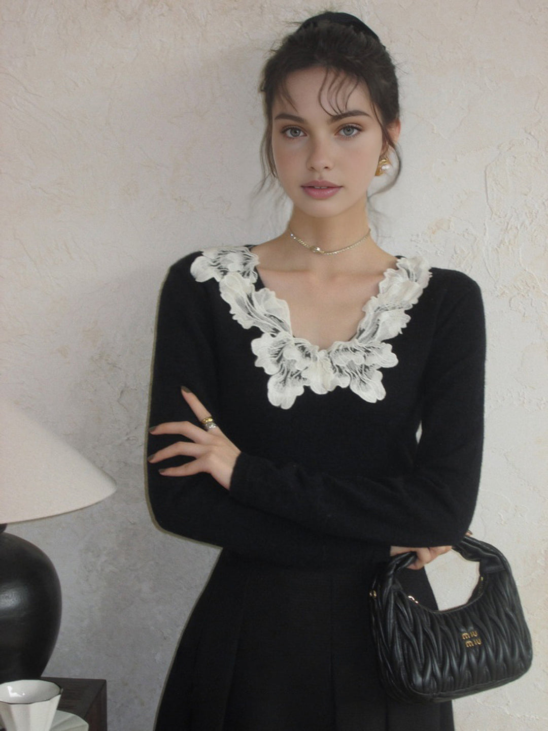 Lace Collar Slim Sweater by Svelte Chic