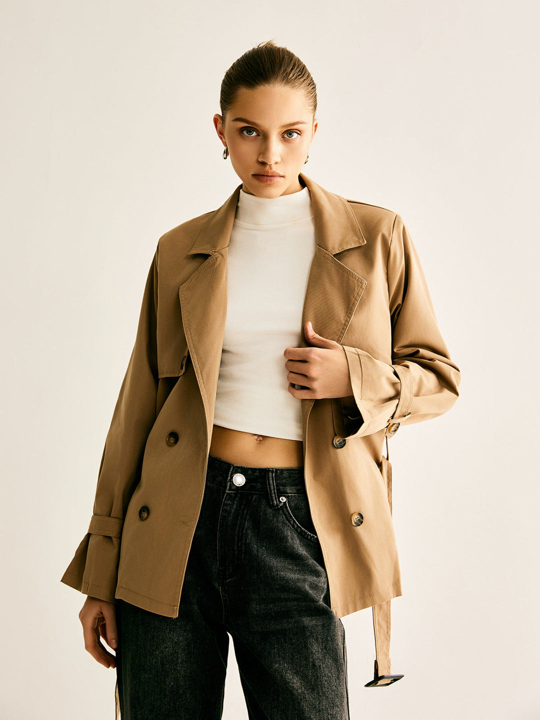 Lapel Buckle-Belted Trench Coat ürün görseli