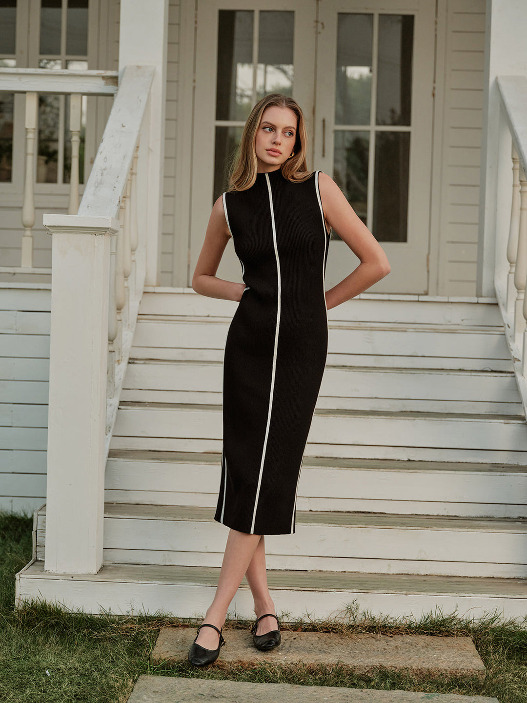 Şık kolsuz renk bloklu kazak elbise