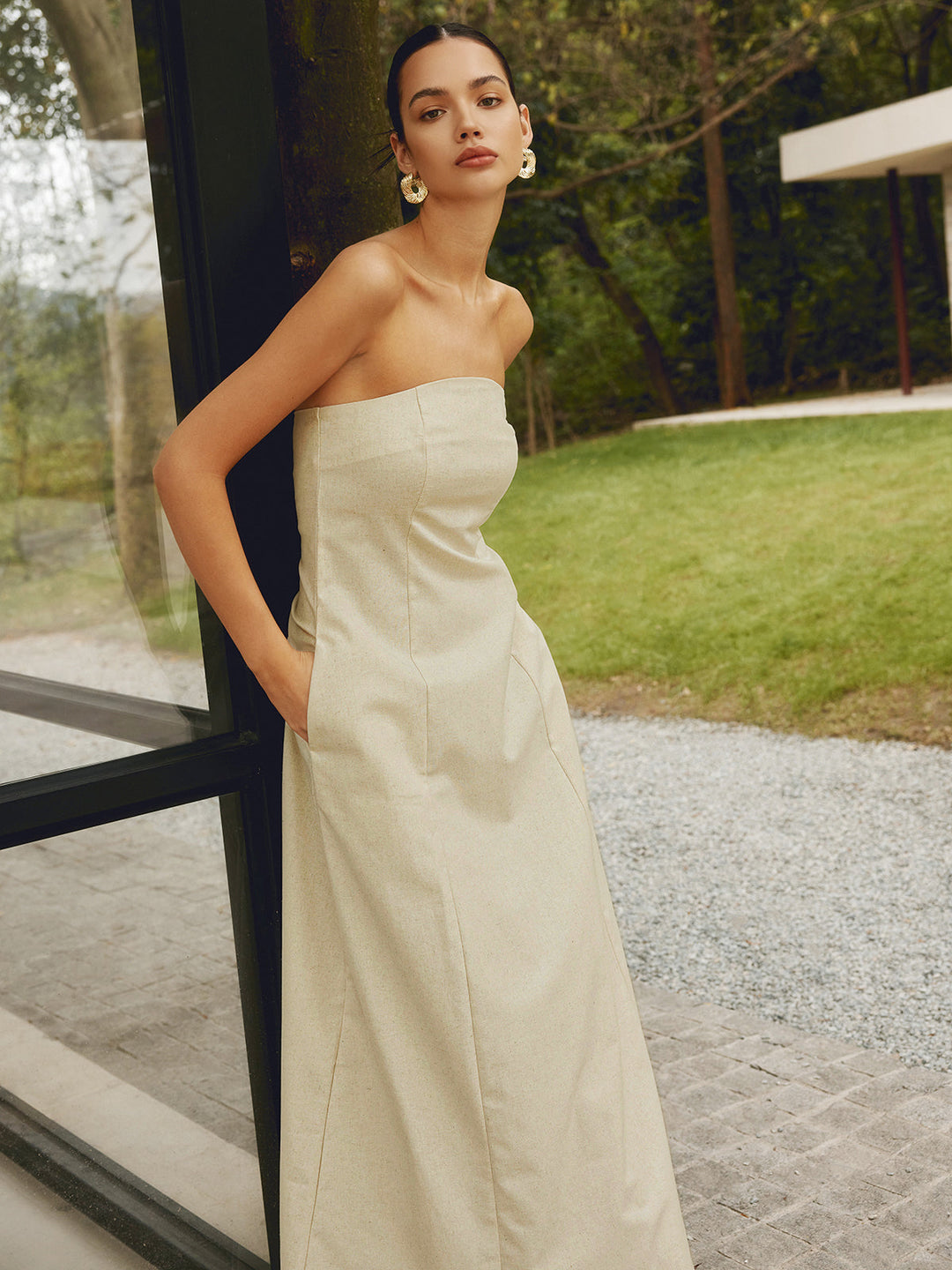 Pamuk ve keten karışımı büzgülü cepli uzun elbise