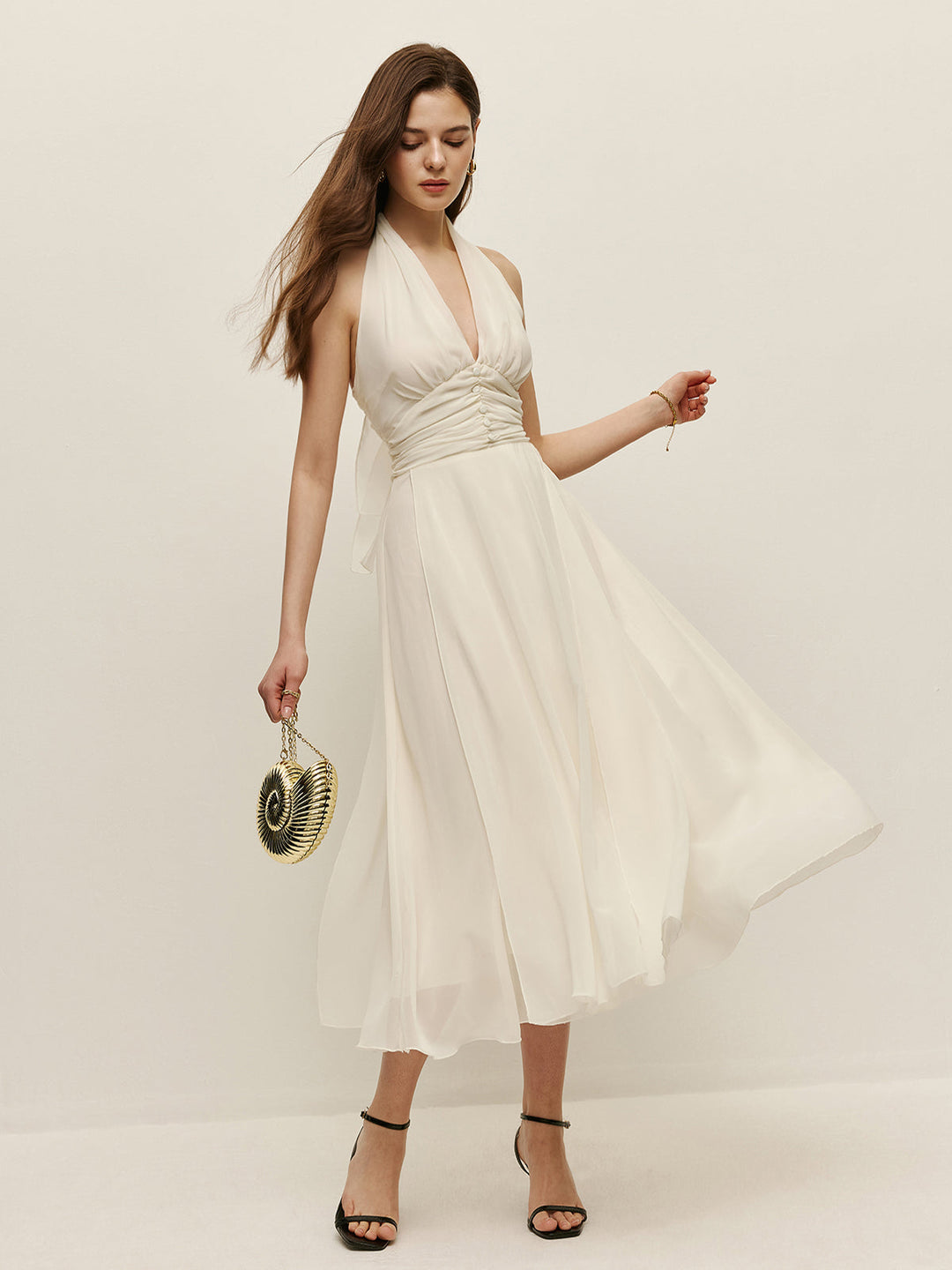 Şık V Yaka Uzun Elbise, Ayarlanabilir Askılı ve Fermuarlı Detaylı