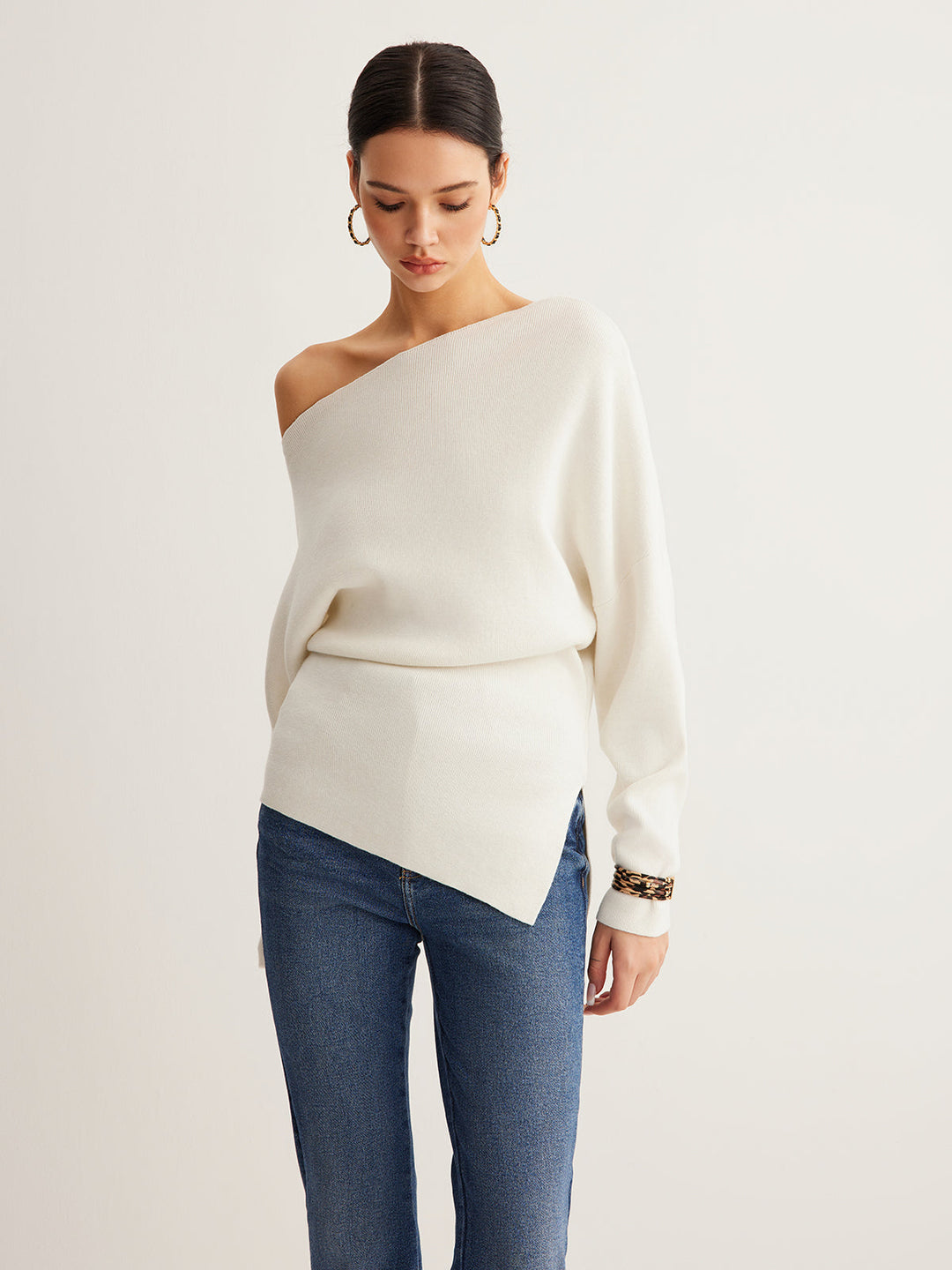 Wool-Blend Asymmetrical Neck Knit Top, Svelte Chic