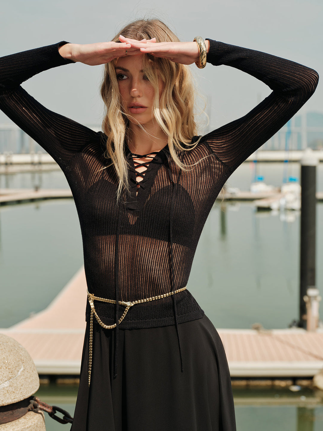 Şık Şeffaf Uzun Kollu Kazak Dantel Detayları ile