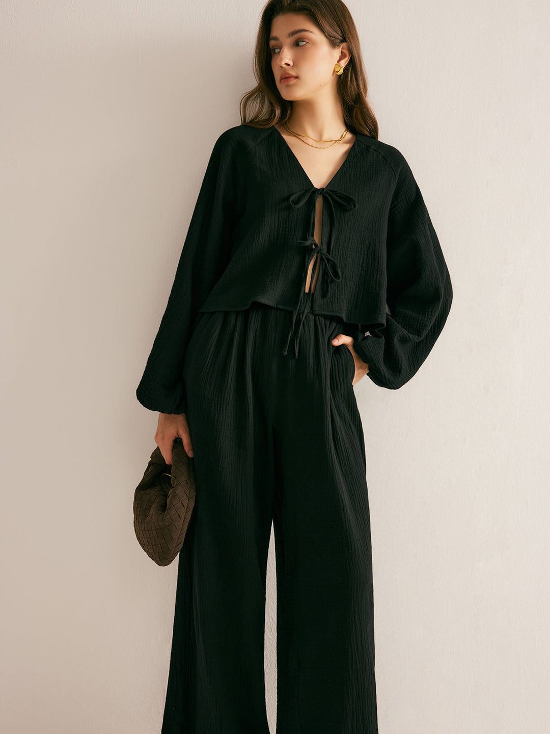 Pamuk bağlama önlü rahat pantolon takımı