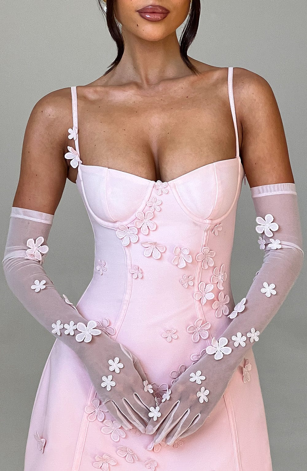 Dalary Eldiven - Allık, 3D çiçek aplikeli ve dirsek uzunluğunda