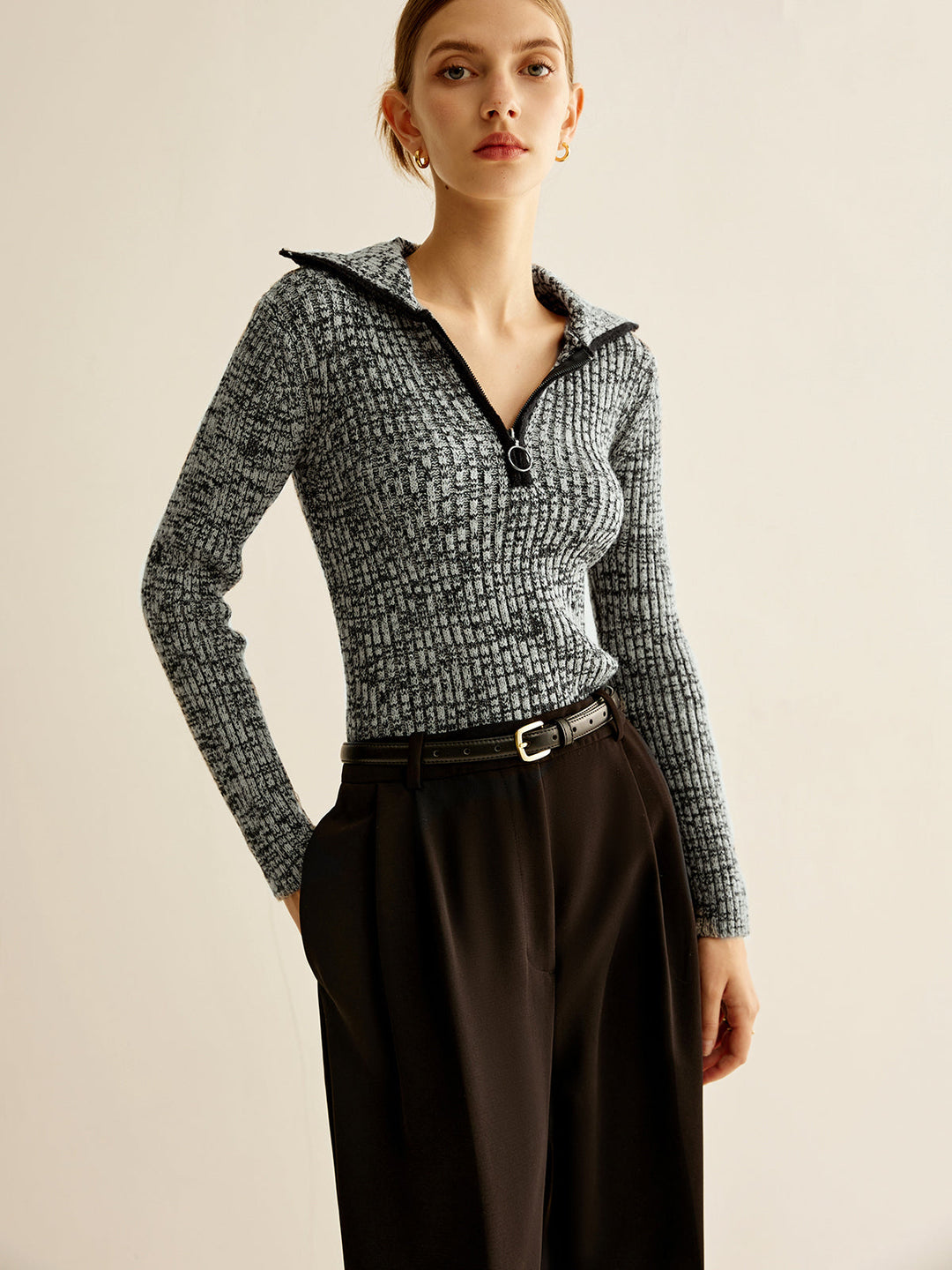 Vintage Kontrast Şeritli Fermuarlı Düz Örgü Üst, Svelte Chic