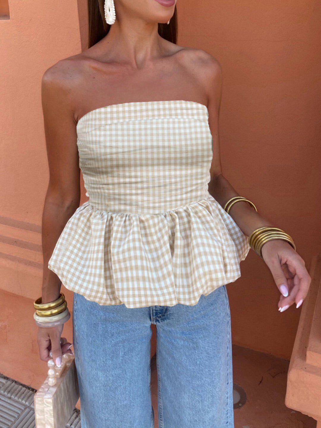 Puf Büzgülü Ekose Tüp Üst - Svelte Chic