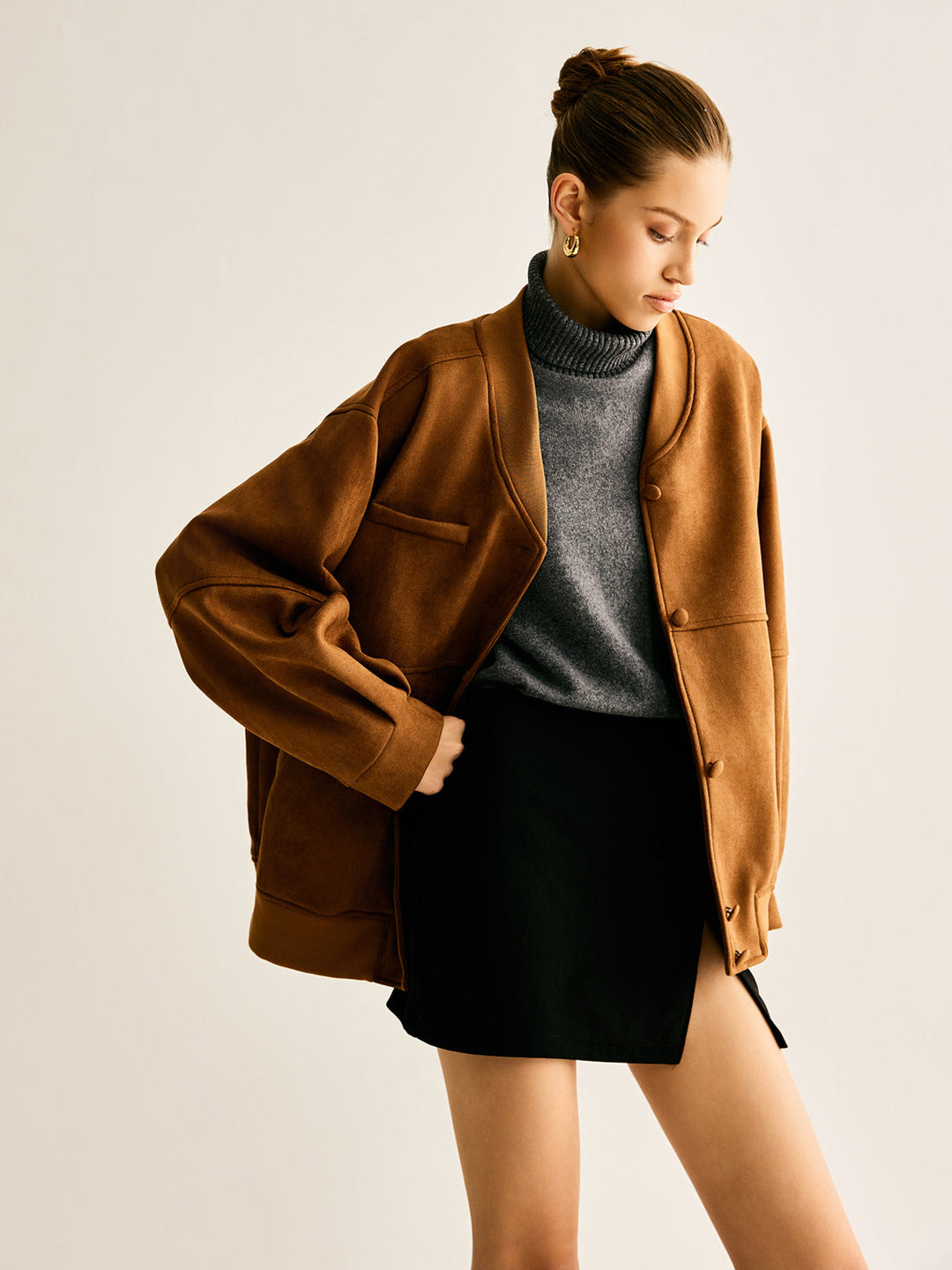 Dikişli Cepli Sahte Deri Ceket, Svelte Chic