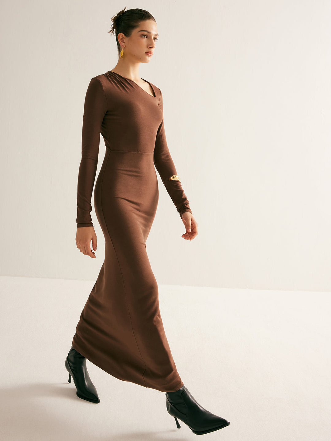 Düz Asimetrik Yaka Uzun Elbise, Svelte Chic