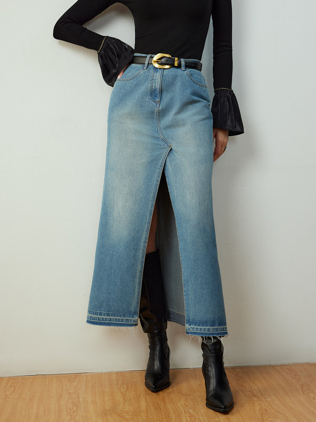 Belt Olmadan Yırtmaçlı Denim Cep Etek - Svelte Chic