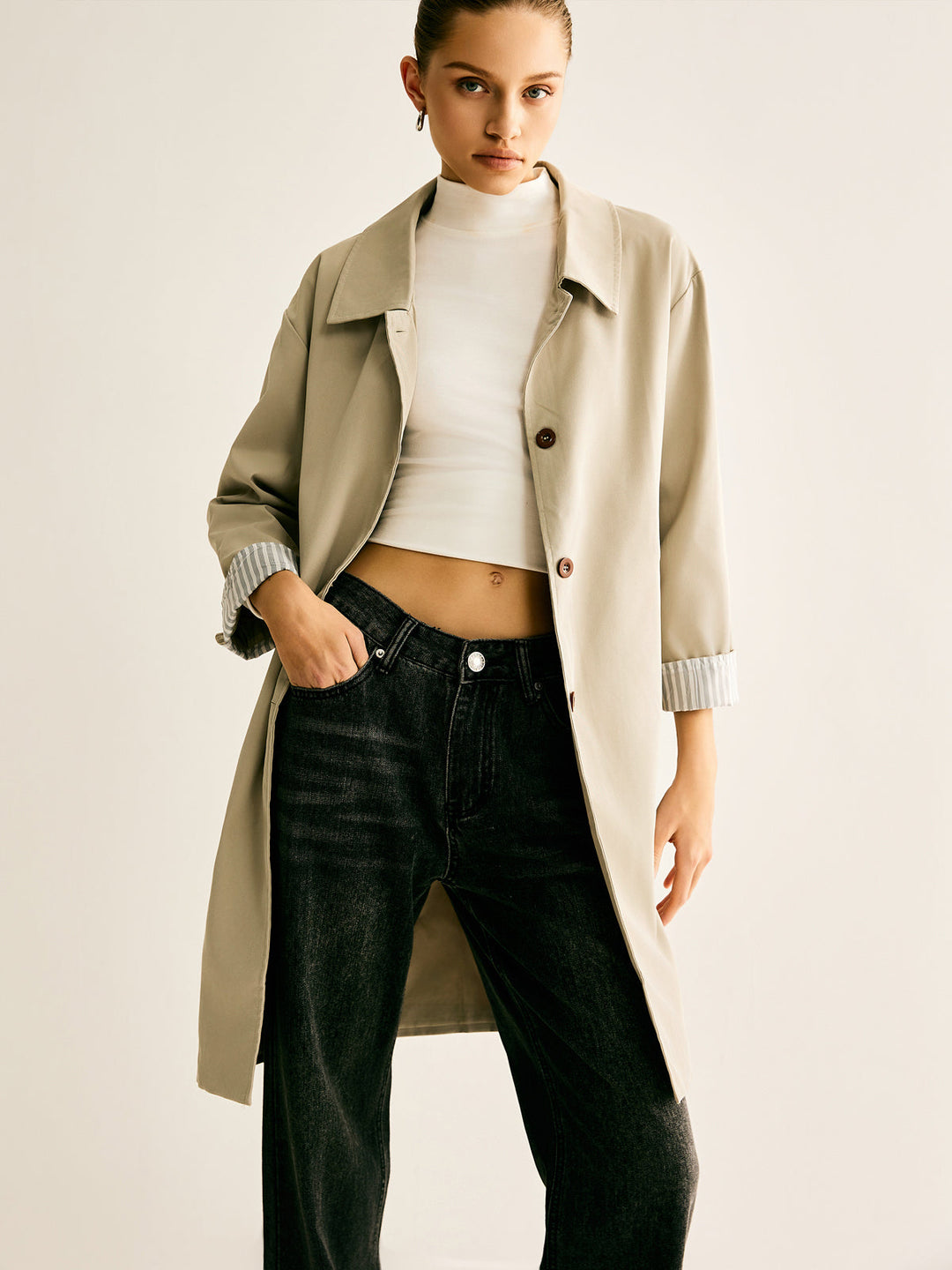 Çizgili Manşetli Uzun Trençkot, Svelte Chic