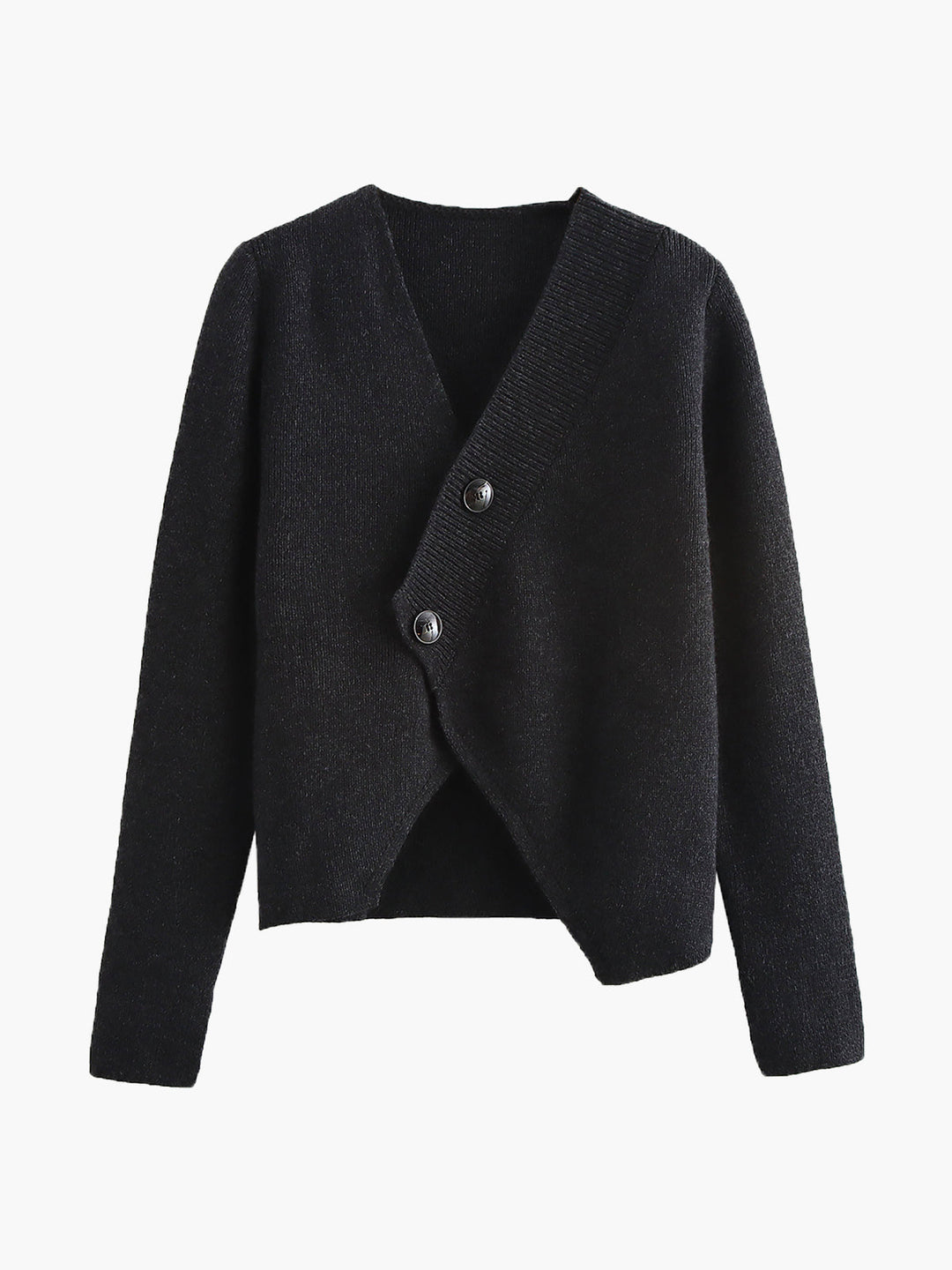 Şık asimetrik kesim triko üst, düğme detaylarıyla