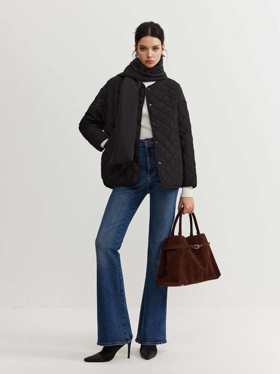 Svelte Chic Düz Karo Düğmeli Kış Kabanı Şal ile