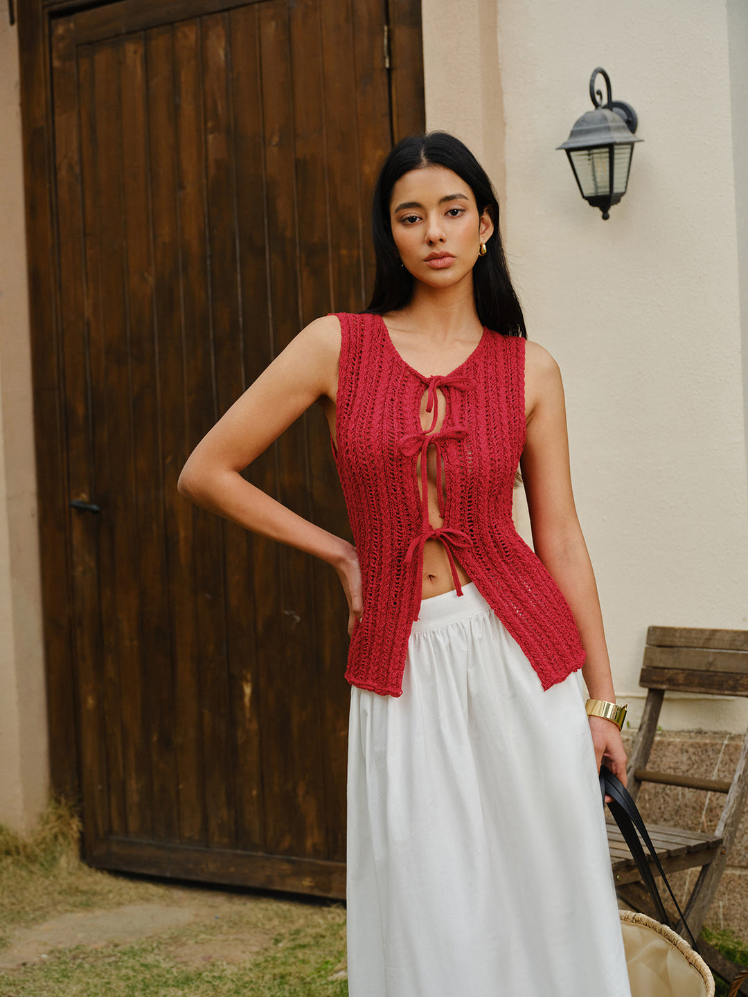 Şık örgü kravat önü açık sıfır kol üst