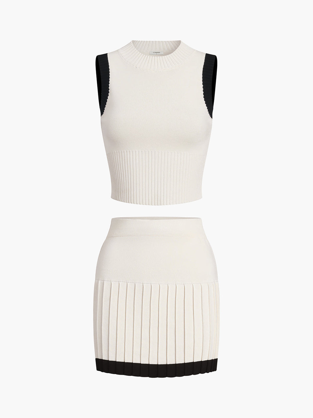 Kontrast şeritli piliseli mini kazak etek takımı