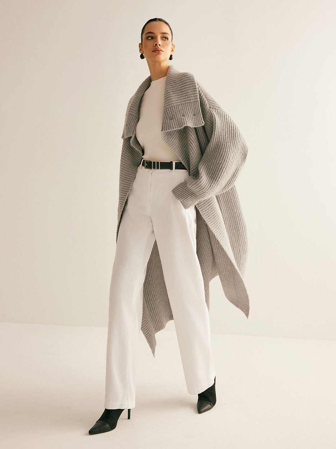 Yaka Şal Kıvrımlı Uzun Kaban - Svelte Chic