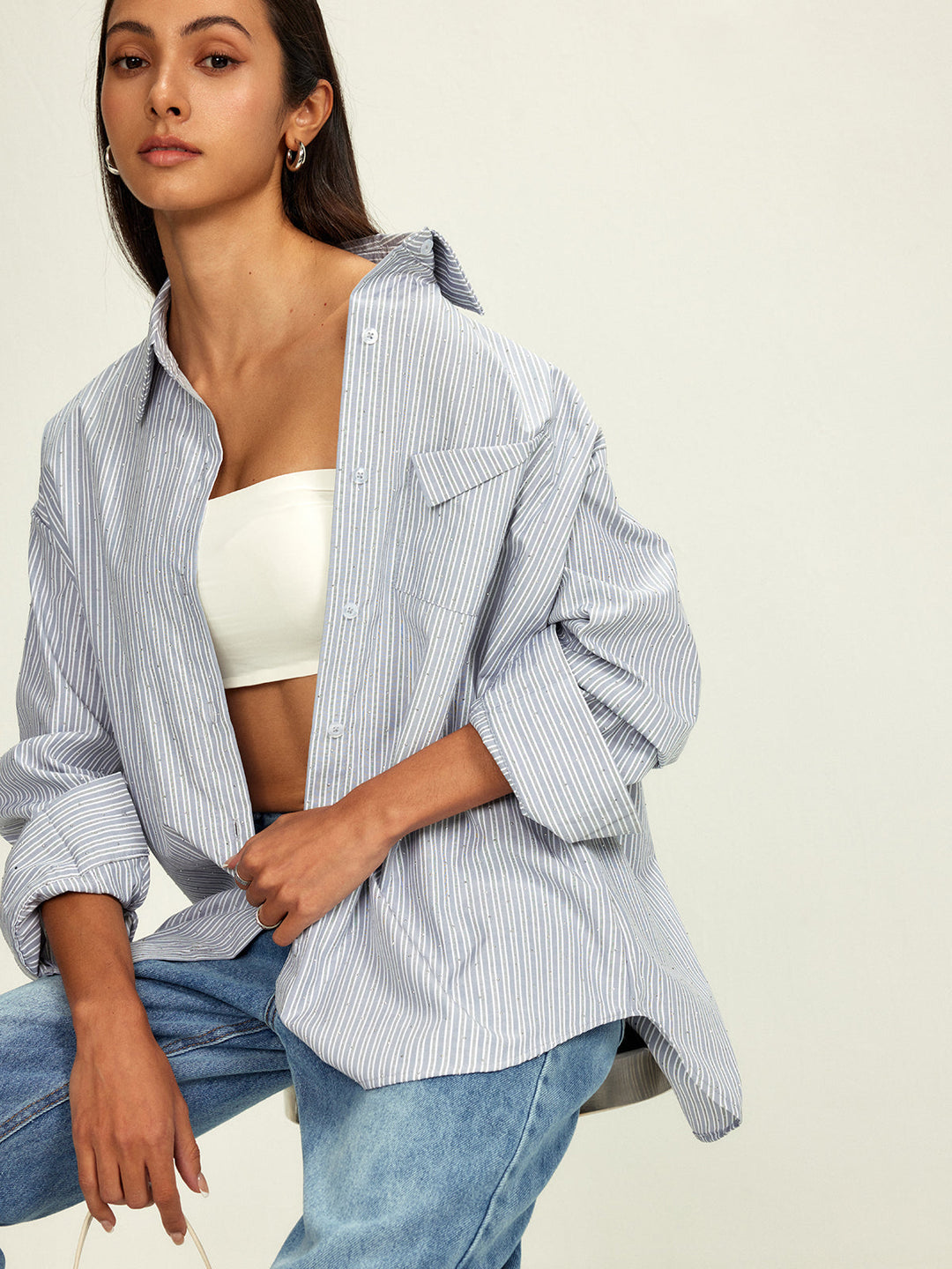 Rhinestone Noktalı Pinstripe Cepli Gömlek, Svelte Chic