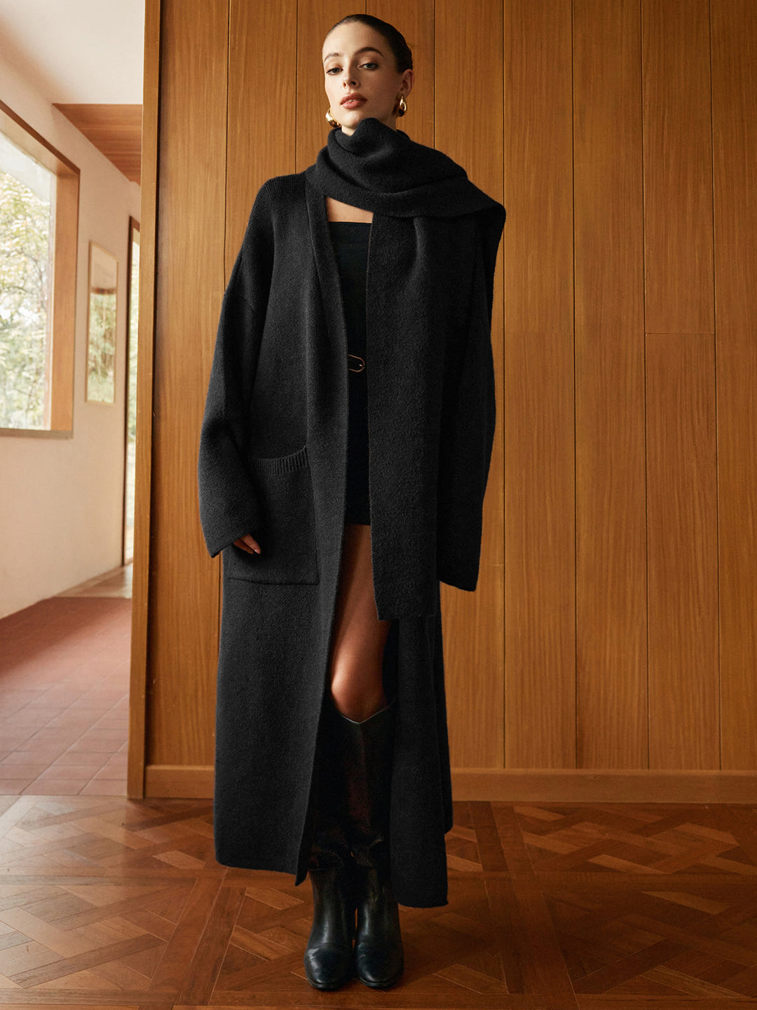 Cepli Uzun Triko Dış Giyim Şalı ile kadın modası