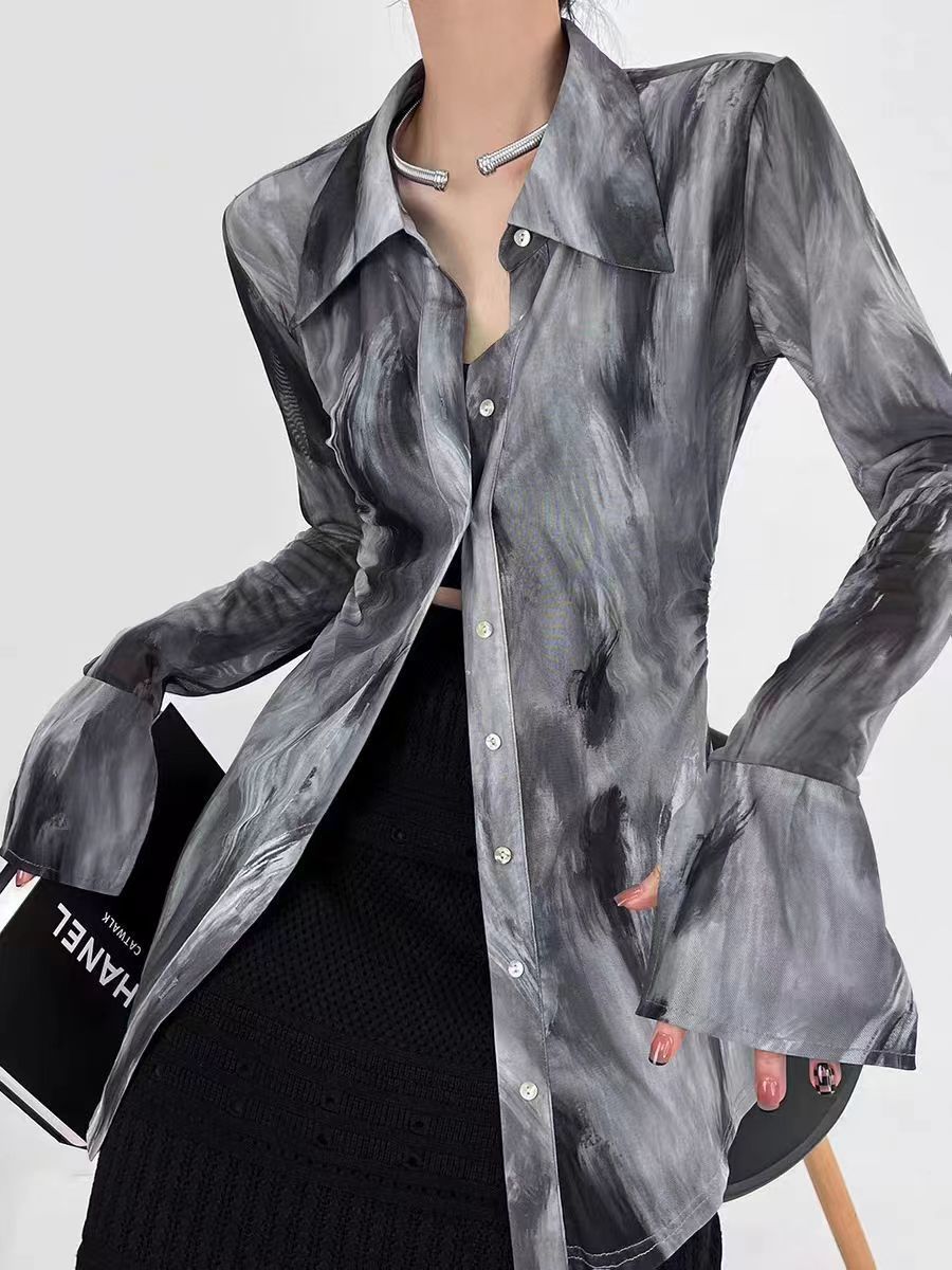 Mermer desenli tie dye volanlı polo tişört