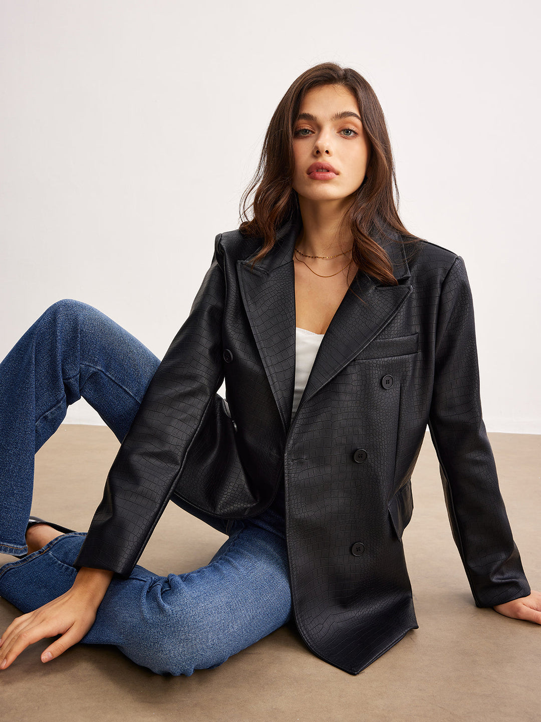 Timsah PU Deri Düğmeli Blazer, Svelte Chic, şık kadın modası