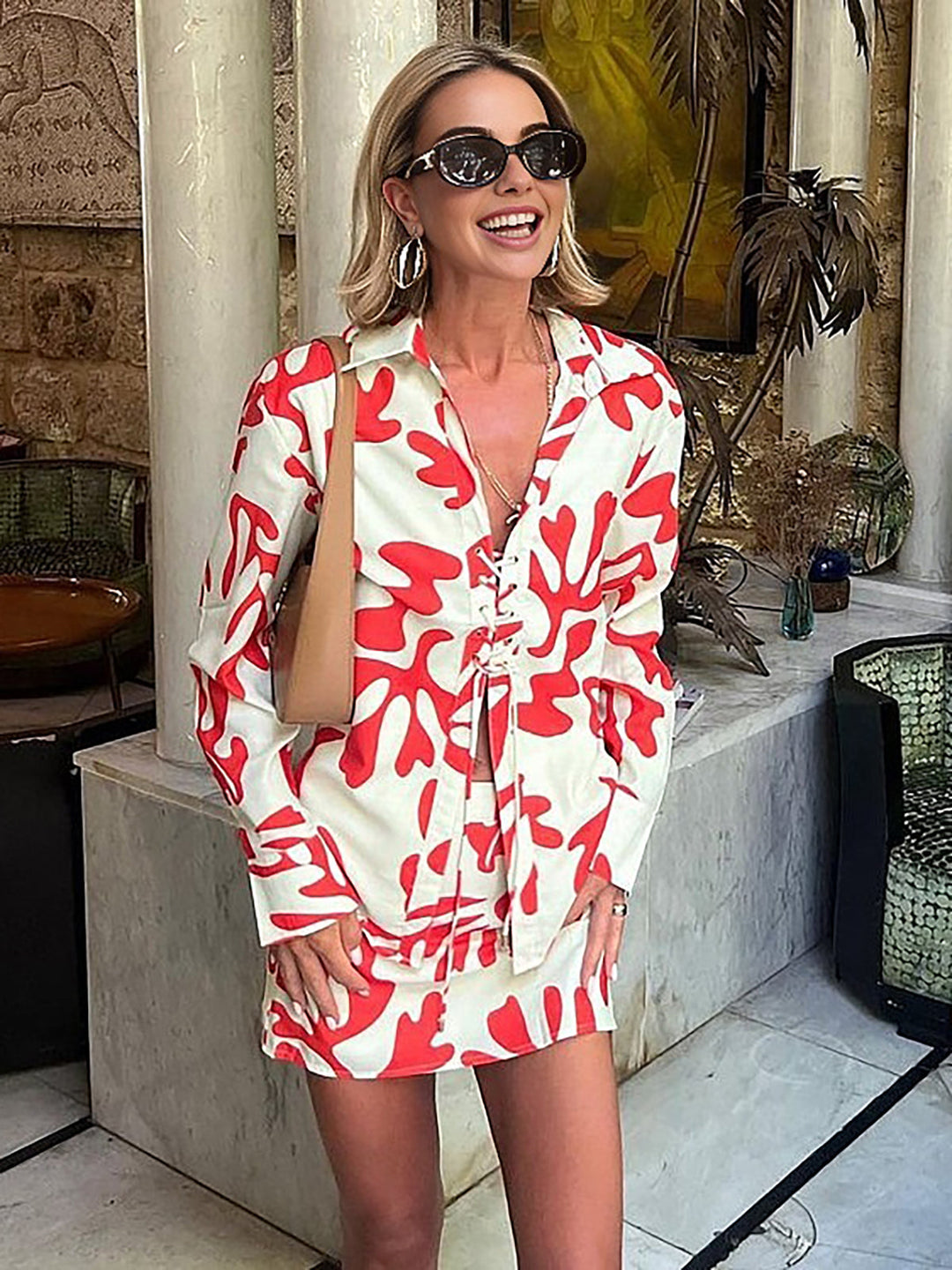 Baskı önden bağlamalı fermuarlı etek takım