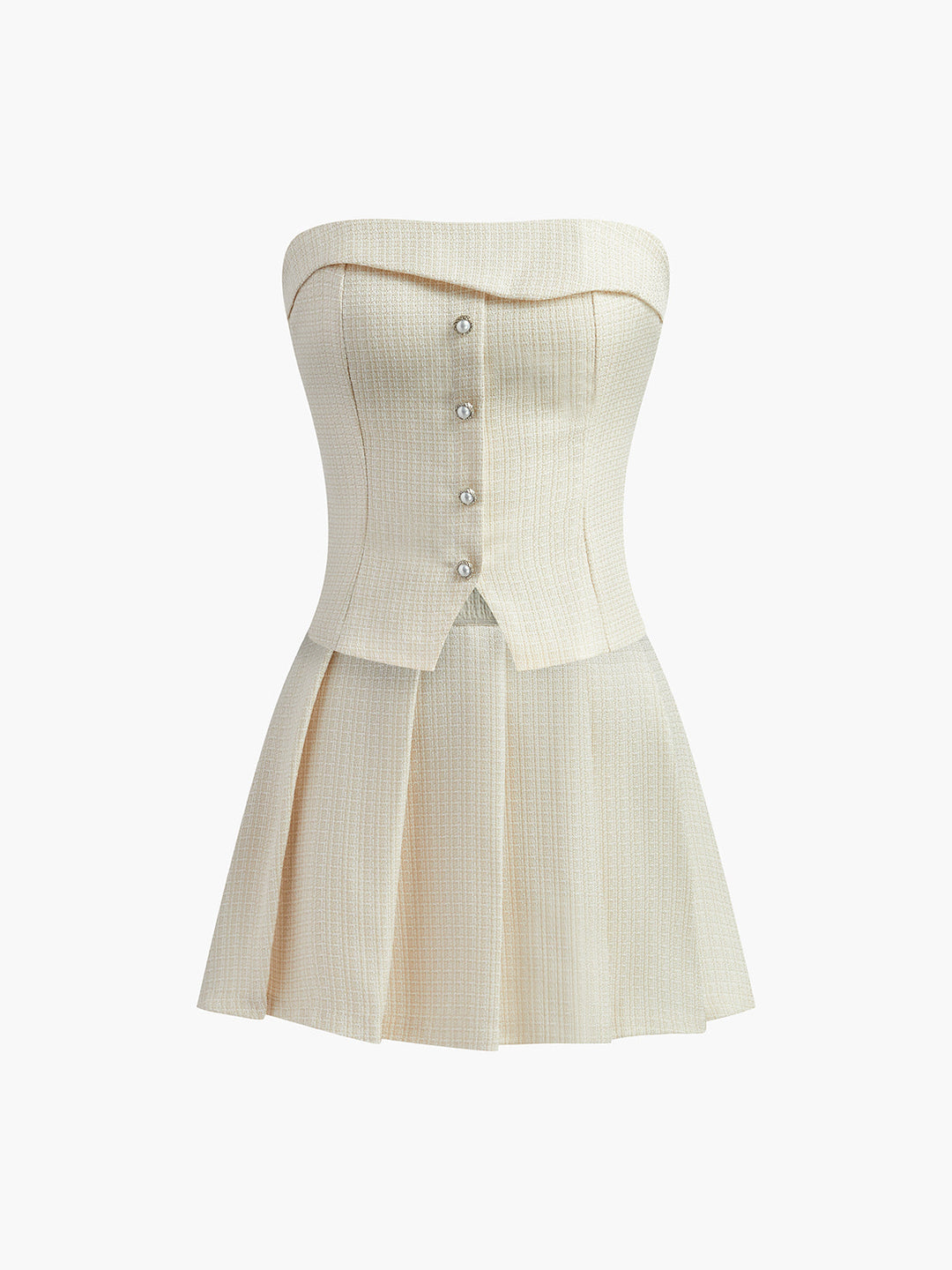 Pileli önden düğmeli fermuarlı straplez etek takımı