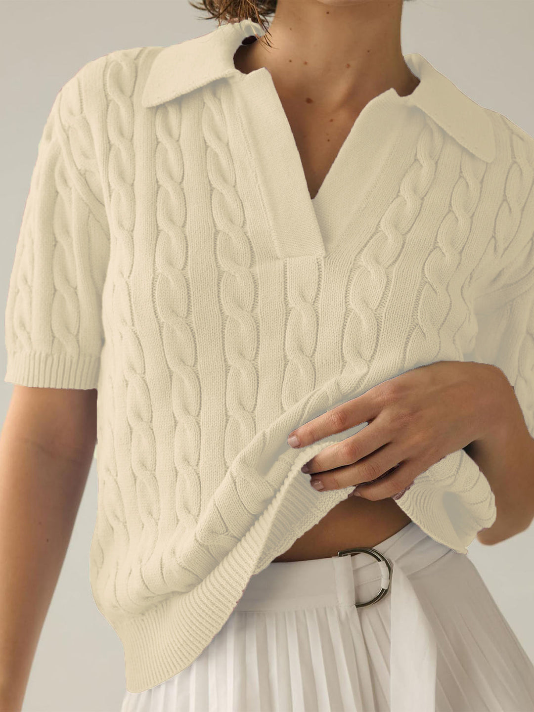 Günlük V Yaka Kısa Kollu Örgü Üst, Svelte Chic