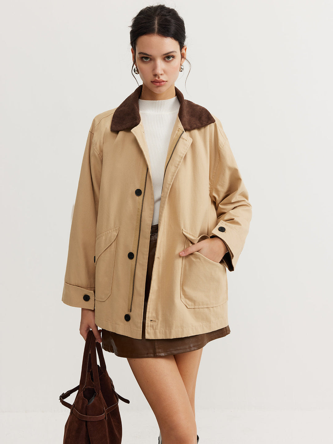 Kontrast Yaka Fermuarlı Kargo Ceket - Svelte Chic