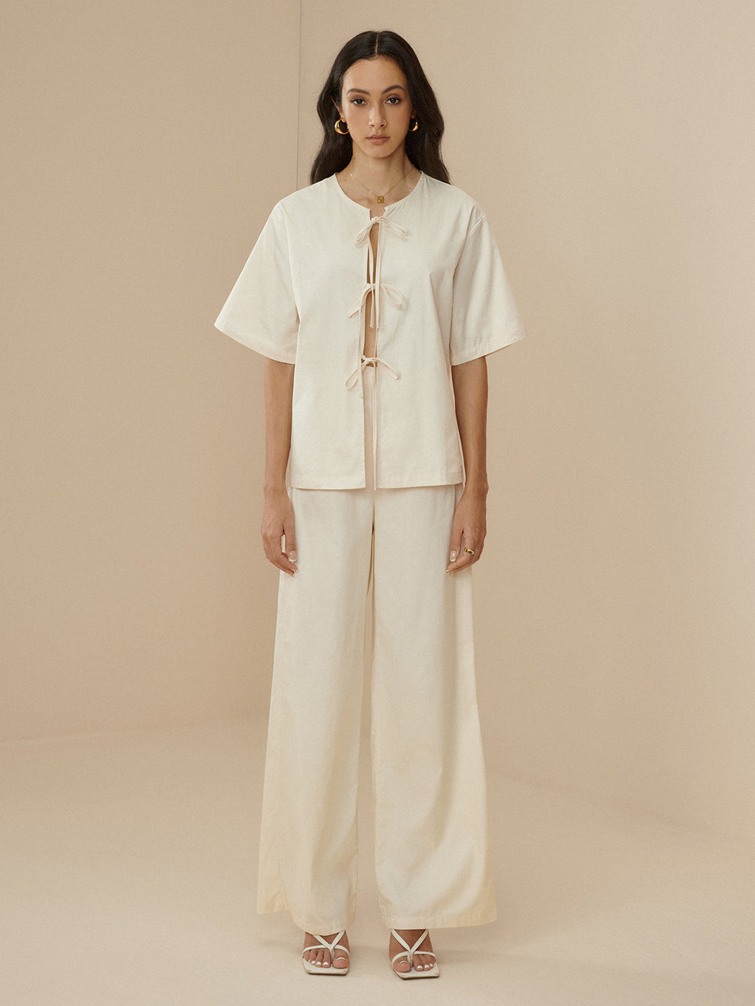 Cotton Lace Up Cozy Pants Set, bağlamalı tasarım, Svelte Chic