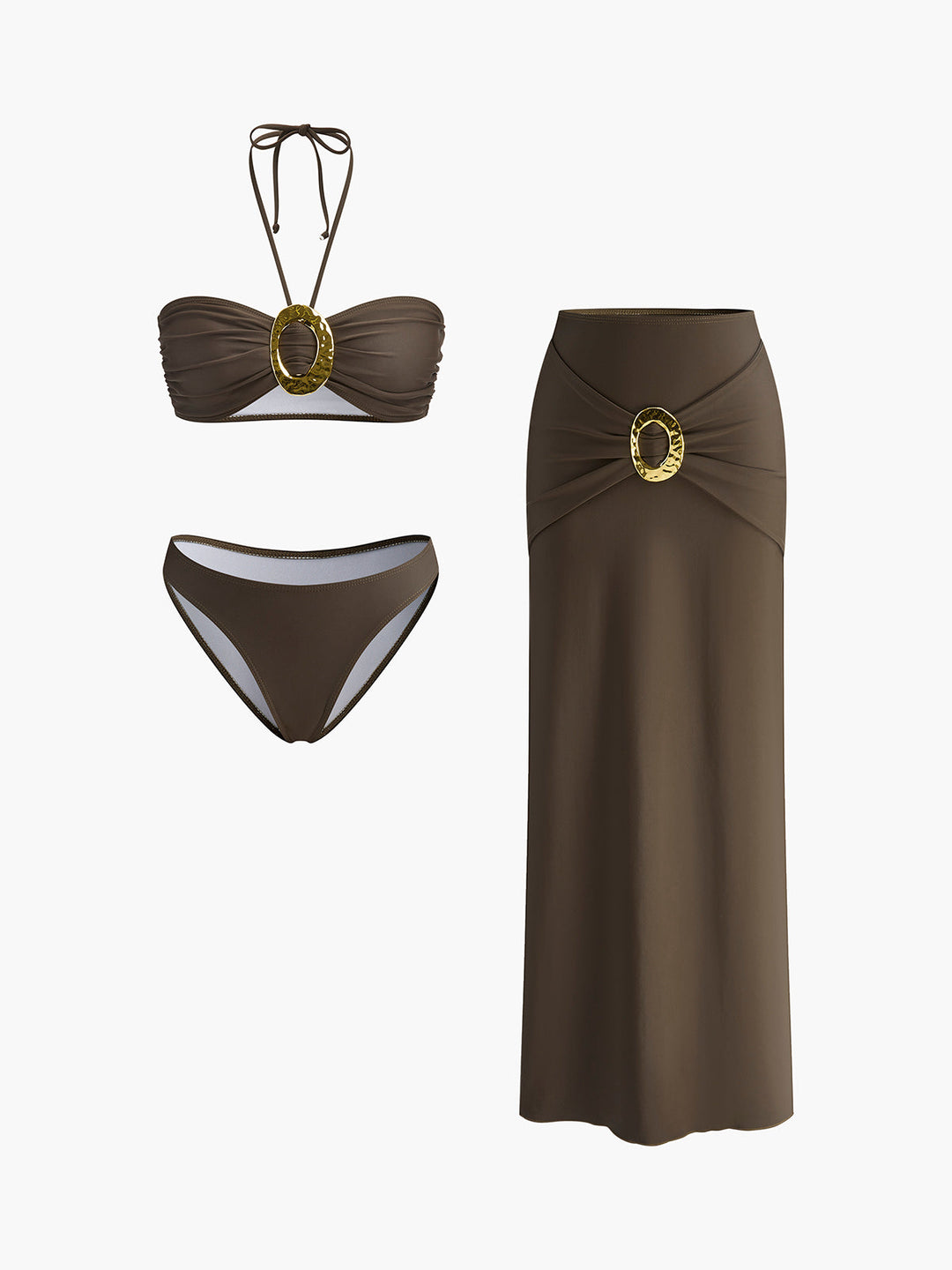 Şık Oval Yüzük Bant Bikini Takımı ve Akışkan Drapeli Etek