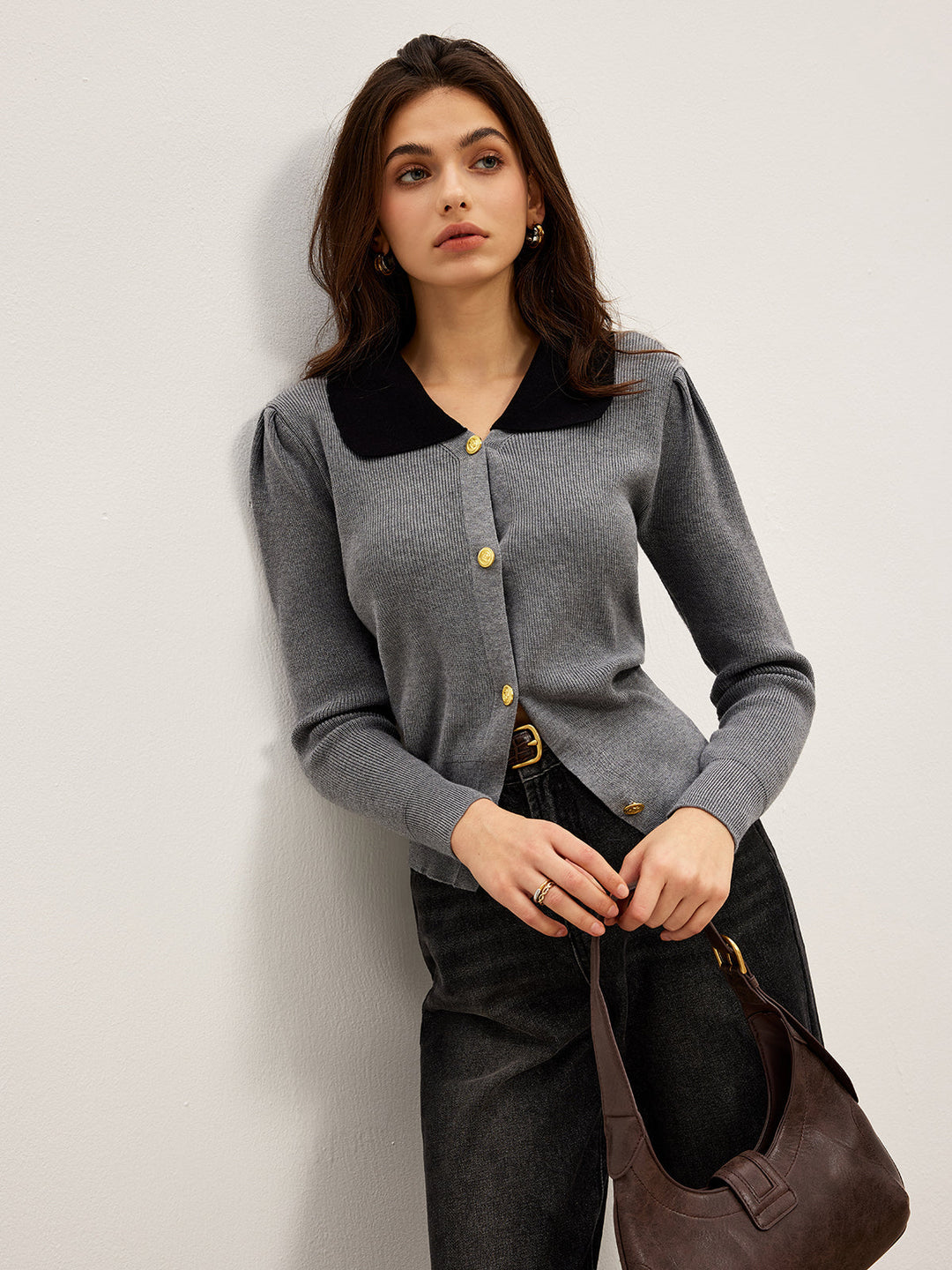 Kontrast yaka dar düğmeli kardigan