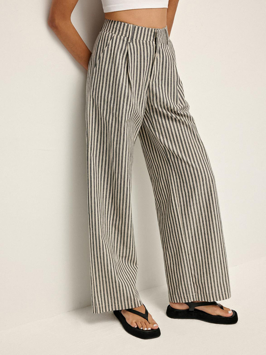 Pinstripe High-Waist Long Pants kadın modası