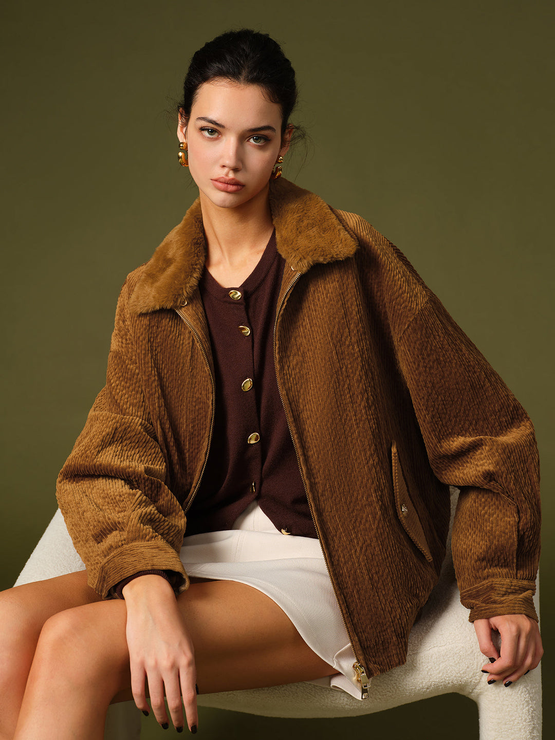 Retro Kadife Fermuarlı Ceket Svelte Chic