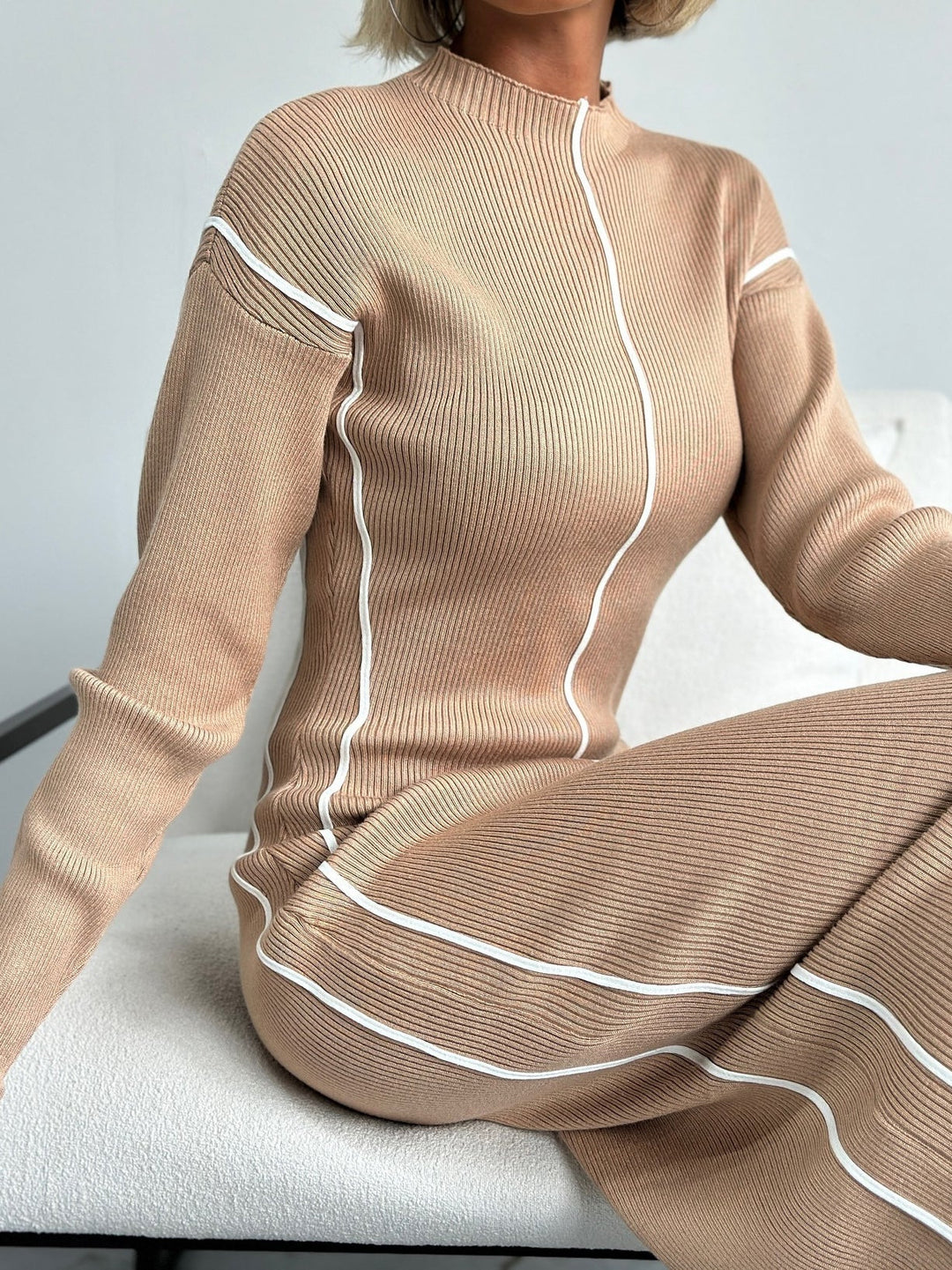 Çizgili Kontrast Pipingsuz Elbise - Svelte Chic