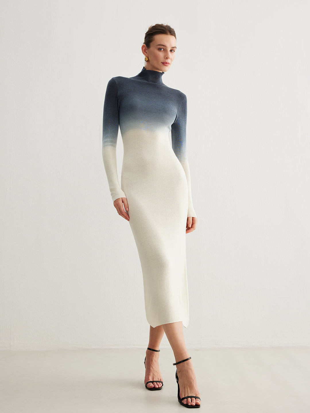 Şerit Desenli Gradient Dar Uzun Elbise