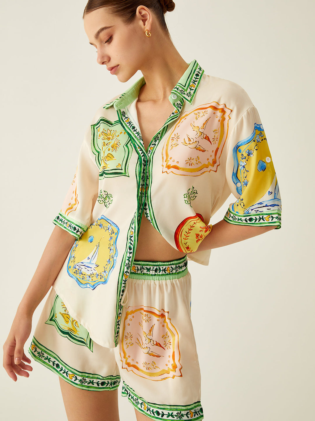 Loosen Baskılı Saten Şort Takım, Svelte Chic