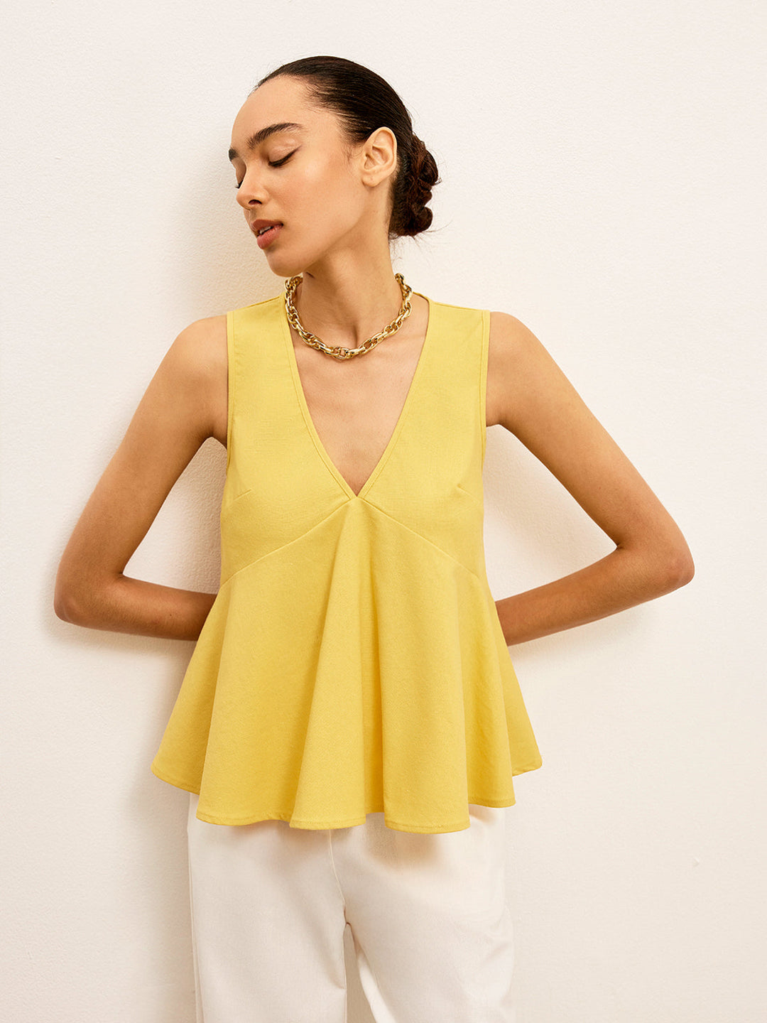 Şık V-Yaka Peplum Üst, pamuk ve keten karışımı, Svelte Chic